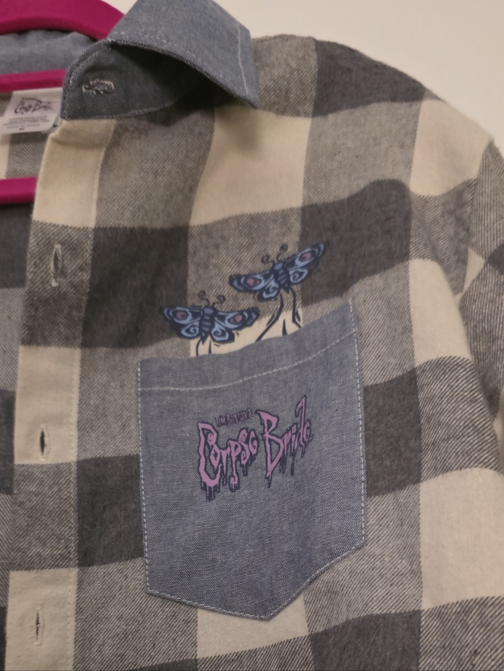 Spirit Plaid Button-Up Shirt in Gray, Cream, and Blue with Embroidered Pocket